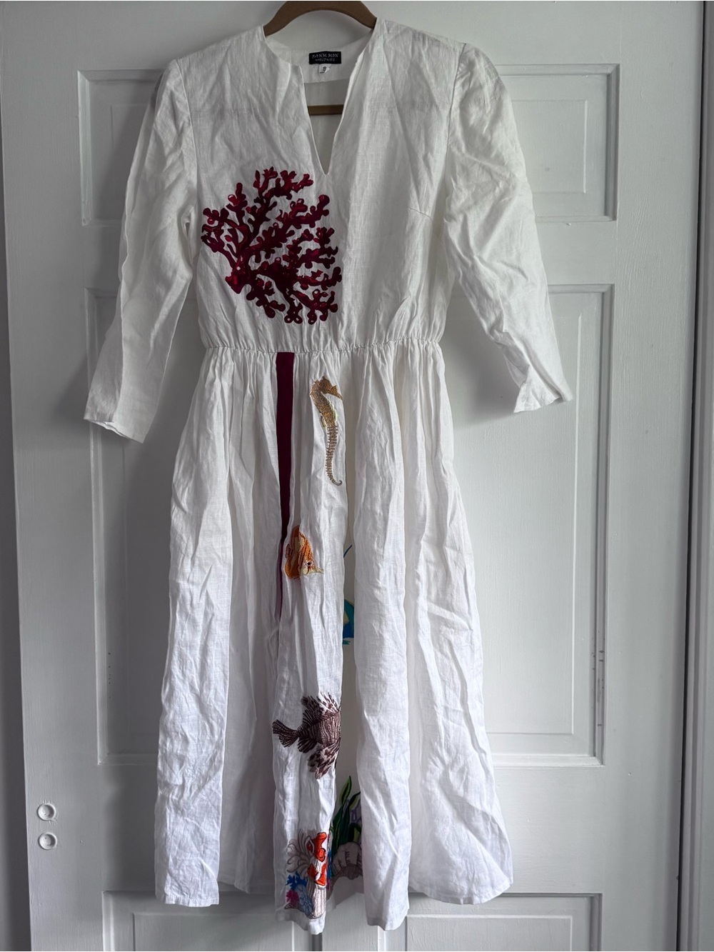 FANM MON Under the Sea Theme Embroidered Maxi Summer Dress White Linen SZ Small